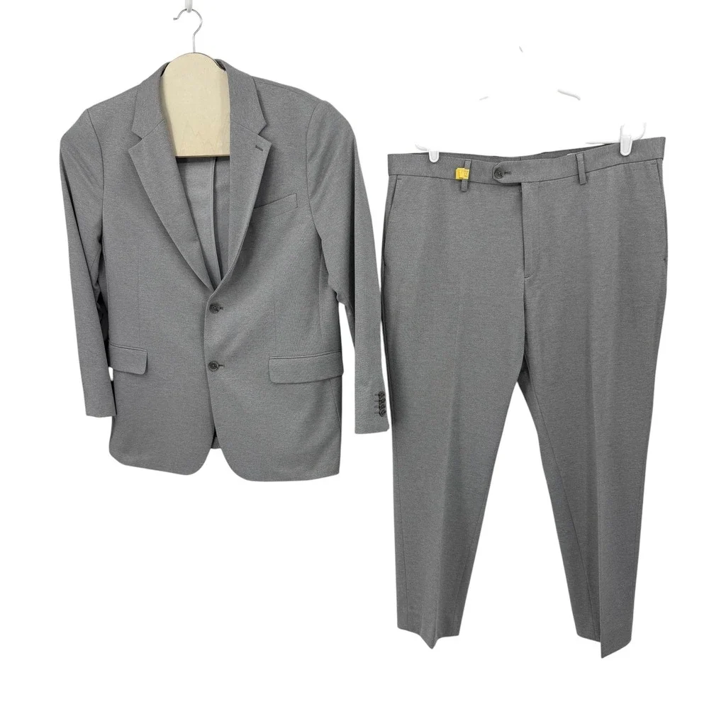 Banana Republic Mens Tailored Fit 2 Piece Suit Heather Grey 46R 40W Stretch Knit